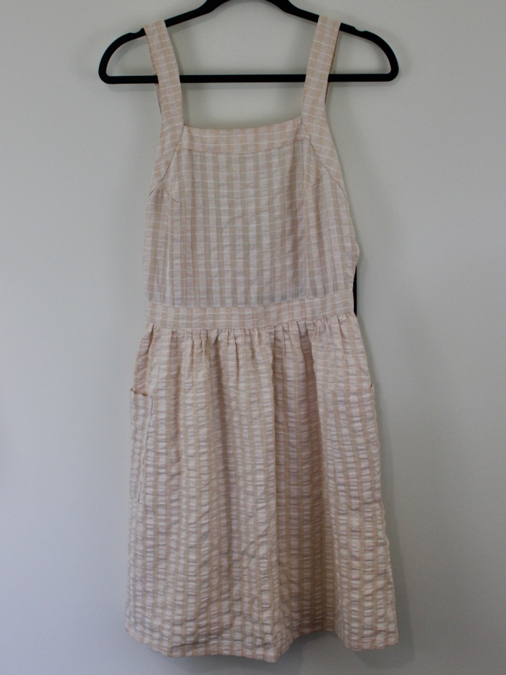 NWT Doe & Rae Beige Plaid Seersucker Pinafore Dress Size Small